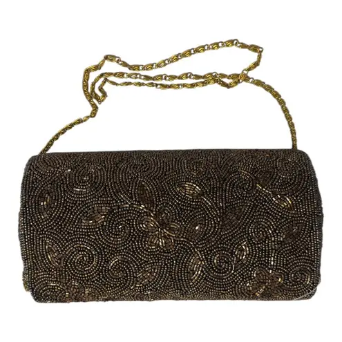 Moyna Beaded Clutch Handbag Brown Gold Swirl Pattern Chain Strap Evening Bag