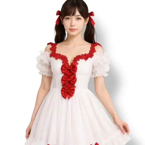 Sugar Thrillz Winter Rose White Tulle Coquette Dress Red Bows Valentine Babydoll Size M