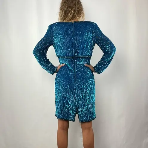 Scala Vintage Sequins Long Sleeve Mini Dress in Blue Size Small