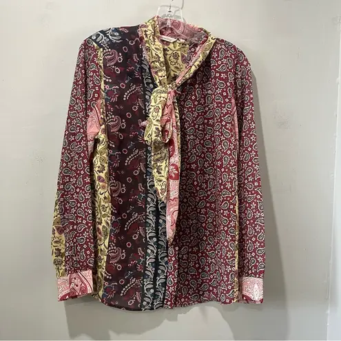 Soft Surroundings Langdon Mixed Print Blouse Size Small Long Sleeve Tie Scarf