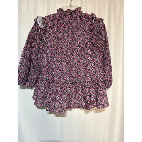 Meet Me in Santorini Floral Ruffle Trim Top Long Sleeve Medium Pink
