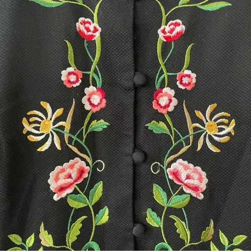 Victor Costa Vintage Floral Embroidered Mandarin Black Knee Length Jacket M Size M
