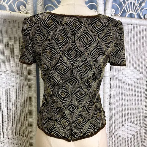 Papell Boutique Vintage 90s Evening Silk Beaded Top S Black Gold Holiday Glam