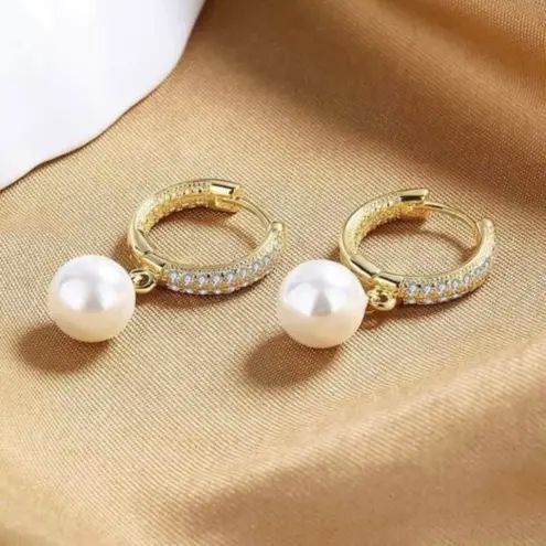 18K Gold Plated White Pearl Dangle Drop Earrings for Women
