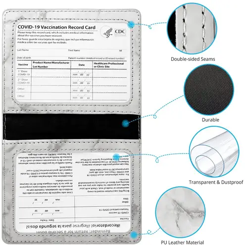 Waterproof Travel Vaccine Card Holder Cover Protector PU Leather Marble 4”x3”