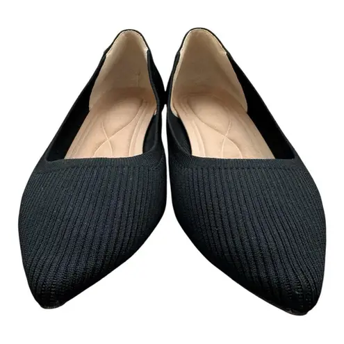 Black Knit ribbed fabric block heel Pointed Toe Pump Shoes Low Heel shiny black Size 10