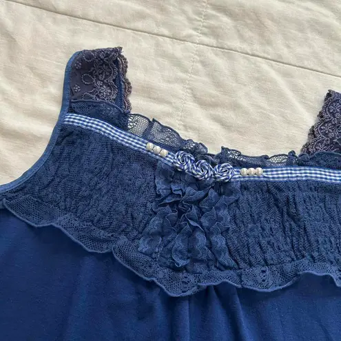Axes Femme Navy Blue lace trimmed cami top ruffle detail pearl embellishments Size M
