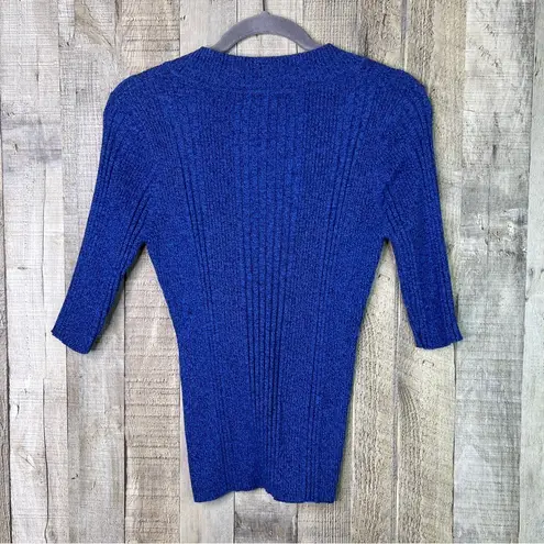 Reference Point Size Small V-Neck 1/2 Sleeve Ribbed Blue Sweater Vintage