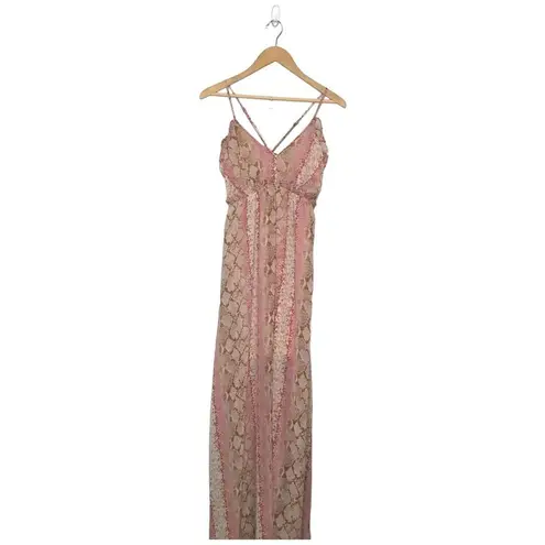 New Snake Reptile Print Spaghetti Strap Sheer Ruffle Lined Maxi Dress Pink M Size M