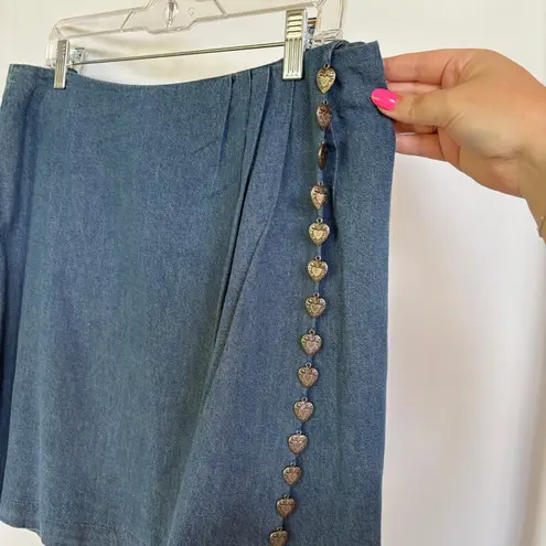 Vintage 90s Denim Mini Wrap Skirt Coastal Cowgirl Silver Heart Charms Size 14 Blue