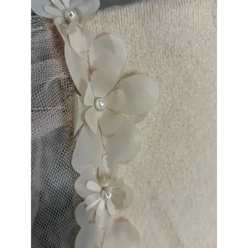 Women's Ontwelfth Beige Mock Neck Soft Sweater with Sheer Floral Sleeves M Size M