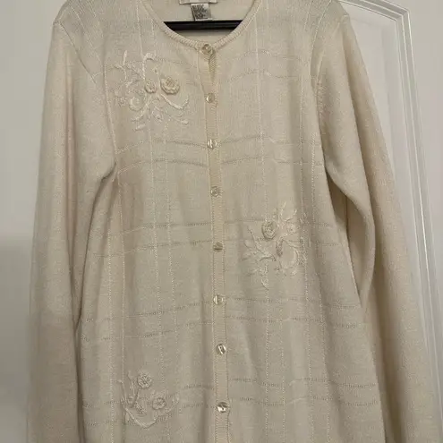 JENNY Sweater Women Medium Floral White Embroidered Long Sleeve Cardigan