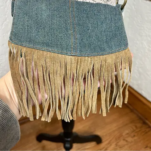 BOHO Denim Faux Suede Fringe Crossbody Bag Blue