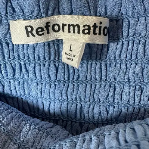 Reformation  Pinto Blue Floral Print Smocked Crepe Top