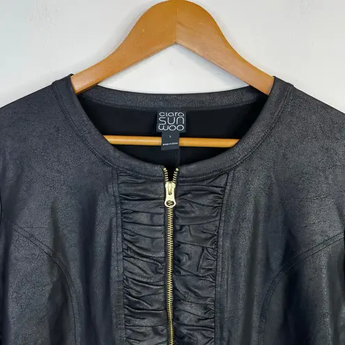 Clara Sunwoo Liquid Leather Ruched Detail Jacket Black Vegan Slim Fit Womens L Size L