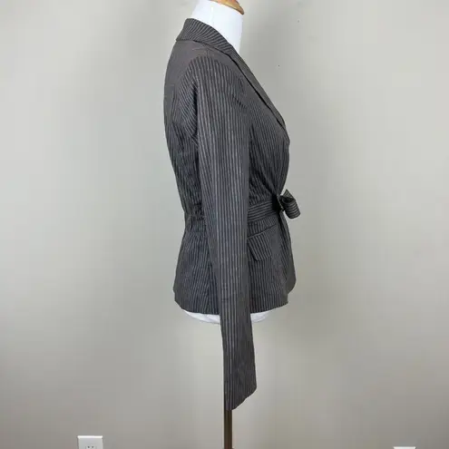 BCBGMAXAZRIA  Blazer Jacket Women S Gray Linen Pinstripe Belted Stretch Button Up