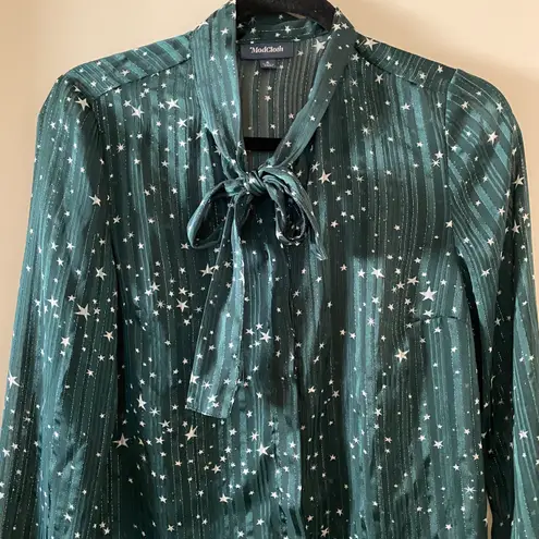 Modcloth Green & White Celestial Star Metallic Striped Button Down Blouse