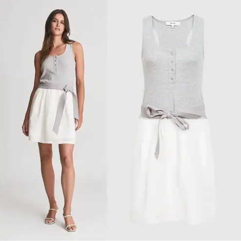 Reiss • Zeta Mini Dress grey white linen drop tie waist sleeveless summer shift