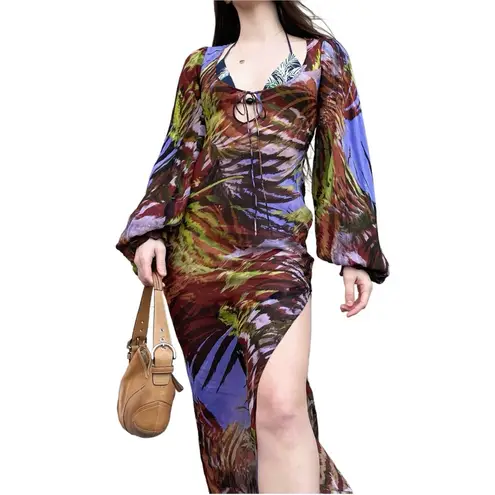 Rat & Boa Daliana Tropical Print Resortwear Semi Sheer Long Sleeve Maxi Dress S