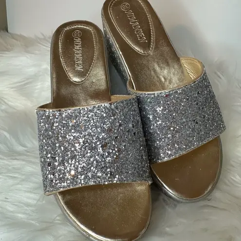 Silver Glitter Platform Shoes with Espadrille Sole Size 6