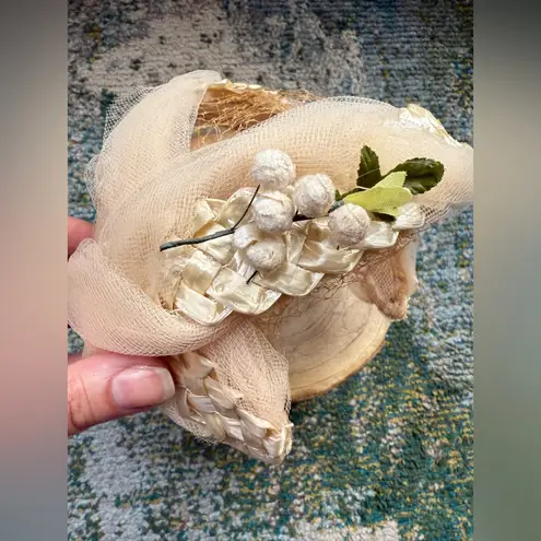 Vintage woven face veil floral bridal wedding headpiece hat Tan
