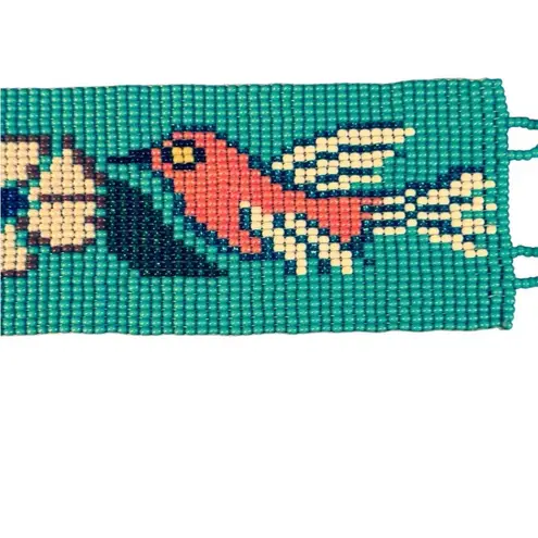 Handmade Vintage Y2K Turquoise Seed Bead Bracelet w/Bird & Flower Huichol Made in Mexico