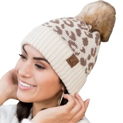 C.C. Leopard Print Knit Beanie Faux Fur Pom Womens Winter Hat Trendy Acrylic Tan