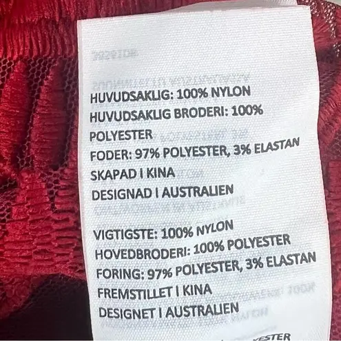 Bardot Sheath Mini Dress Womens 4 Red Lace Scalloped Cocktail Vampy Holiday Glam