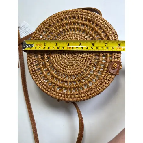 Handcrafted in Vietnam Boho Rattan Wicker and Leather 8" Crossbody Round Bag NWT Brown