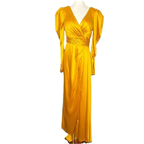 Mac Duggal Faux Wrap Mango Yellow Long Sleeve A Line Gown Womens Size 6 12404