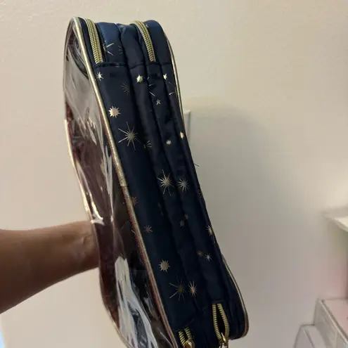 Dark Blue Travel/Cosmetic Bag with Gold Star Print, Gold Handles & Trim Gray