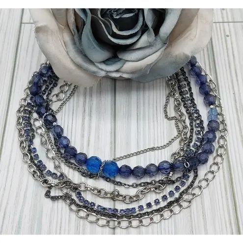 Multi Strand Silver Tone Chain Necklace Blue Bead Rhinestone Cup Rolo Gun Metal