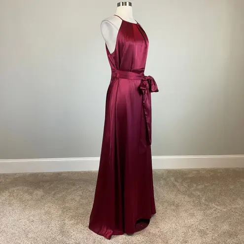 Alex Evenings Wine Red Satin Evening Gown Size 12 A-Line Halter Formal Dress