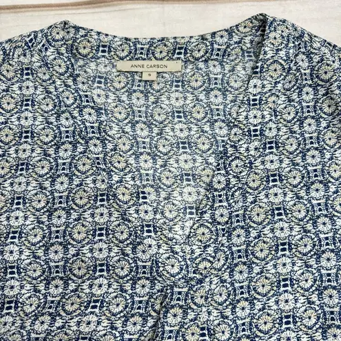 Anne Carson Blue White & Beige Medallion Print Semi Sheer Long Sleeve Blouse