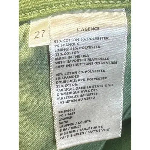 L'Agence Women's Size 27 Cactus Green Sada High Rise Crop Slim Jeans NWOT