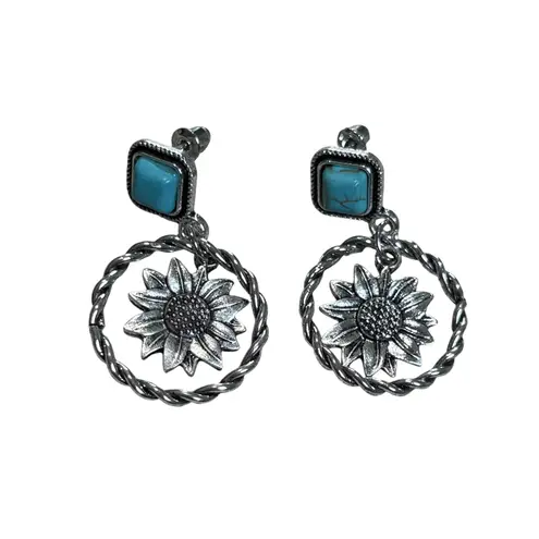 Earrings Set of 3 Pair Turquoise Silver Western Style Hoop Dangle Set New Silver