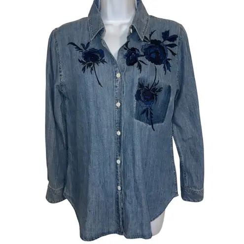 Rails Chambray Shirt Button Up Floral Embroidered Long Sleeve EUC Size XS