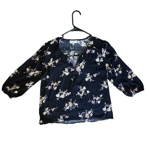 Bobeau Studio B By 3/4 Sleeve Split Neck Blouse Floral Black Multicolor Size L
