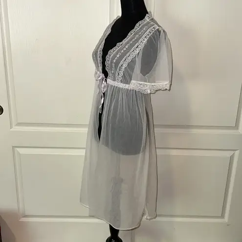 VTG SEARS WHITE SHEER DAINTY LACE TIE FRONT CARDIGAN HOUSE ROBE Size M