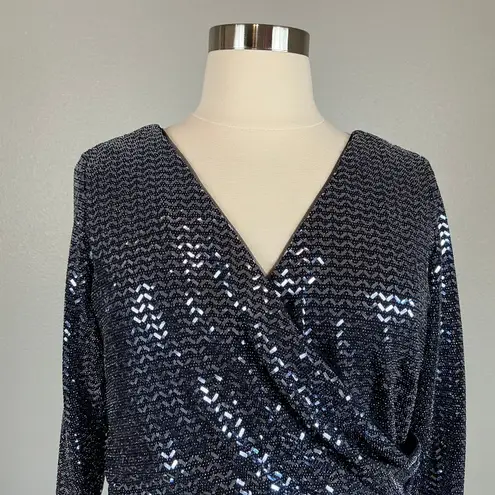 Betsy and Adam Metallic Long Sleeve Sheath Cocktail Dress Size 18W Blue V-Neck