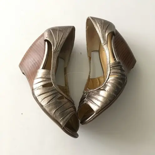 Seychelles Anthropologie Silver Metallic Peep Toe Wedge Heels Cutout Wom…