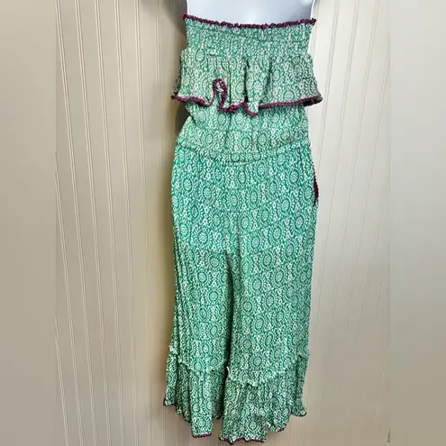 Anthropologie  Tessora Strapless Green Flowy Jumpsuit Pom Fringe