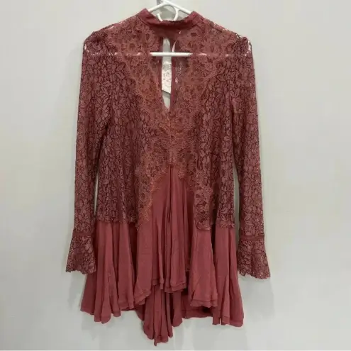 Free People  Tell Tale Dusty Mauve Lace Tunic Dress, size Xs