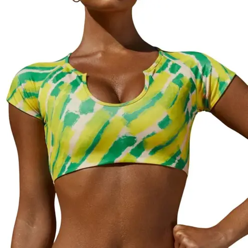 Neena Swim Cap Sleeves Swim Top in Green Print, Size XS