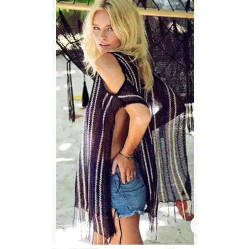 L Space Nightfall Swim Cover Up One Size Open Shoulder Beach Sweater Fringe Boho Black