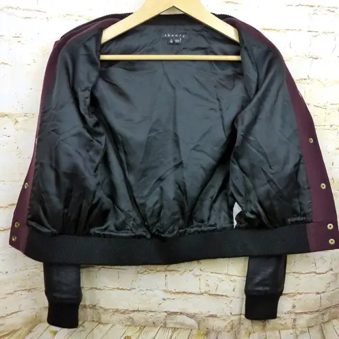 Theory  Varsity Jacket Womens P Burgundy Dex Wool Leather Sleeves Academia Retro