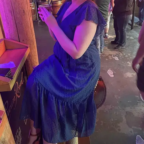 Genhoo Midi Dress M NWT Summer Wrap Neck Cap Sleeve Beach Tiered Skirt Hem Party Blue Size M