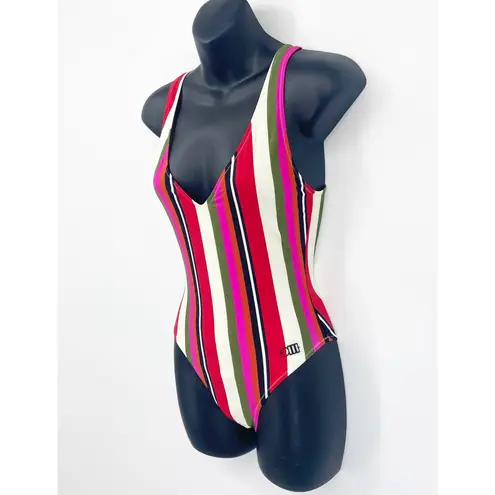 Solid & Striped  V Neck Low Back Striped One Piece Swimsuit Pink Small