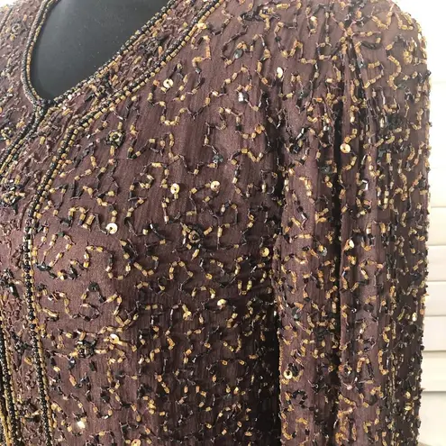 Vintage 100% silk gold beaded sequined brown blazer long sleeves blouse Sz S