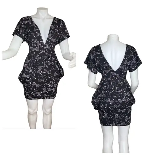 FREDDIE ROJAS Retro 80s Black Purple Bows Inverted Pagoda Mini Dress Size Small